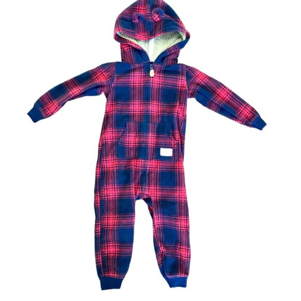 Carter's Flannel‎ Plaid Bear Hooded Unisex Baby Zip-Up One Piece. Size 24 Months